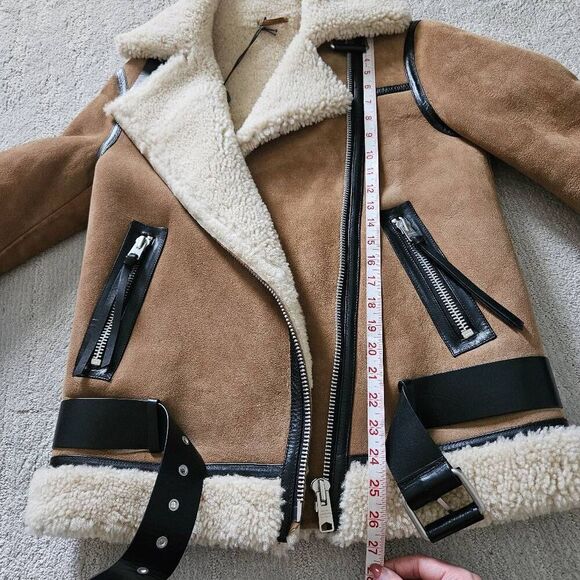 AllSaints Rei Shearling Suede Leather Moto Jacket Size Small in Sand Brown/Ecru - Picture 9 of 11